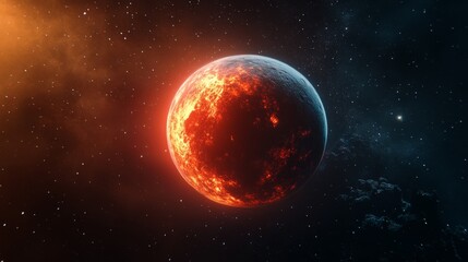 Obraz premium Planets orbiting a dying red giant star, surrounded by glowing atmospheric fog and expanding stellar gas. The scene is dark and eerie, with subtle reflections