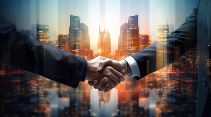 Businessmen shaking hands on a double exposure with a cityscape, a concept of success and business well-being