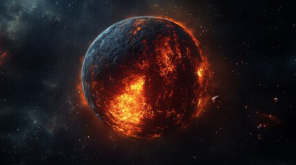 Obraz premium Planets orbiting a dying red giant star, surrounded by glowing atmospheric fog and expanding stellar gas. The scene is dark and eerie, with subtle reflections