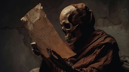 A skeletal figure dressed in a brown robe reads an ancient scroll.