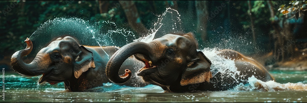 Poster two elephants are enjoying a refreshing bath in a forested area, playfully splashing water on each o