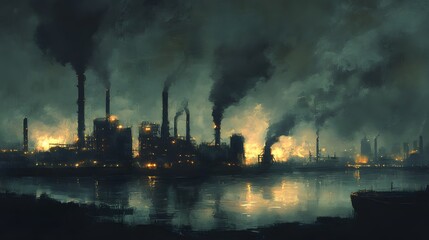 Fototapeta premium A painting of a city with a large sun in the background. The sky is dark and smoggy, and the sun is setting. The painting conveys a sense of pollution and decay, with the industrial buildings