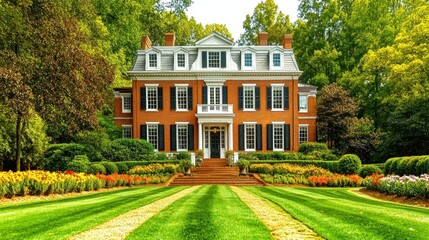 Obraz premium Brick Mansion with Lush Garden and Stone Steps