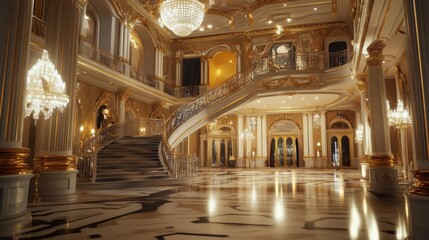 Fototapeta premium Grand foyer with a sweeping staircase, ornate gold accents, and chandeliers.