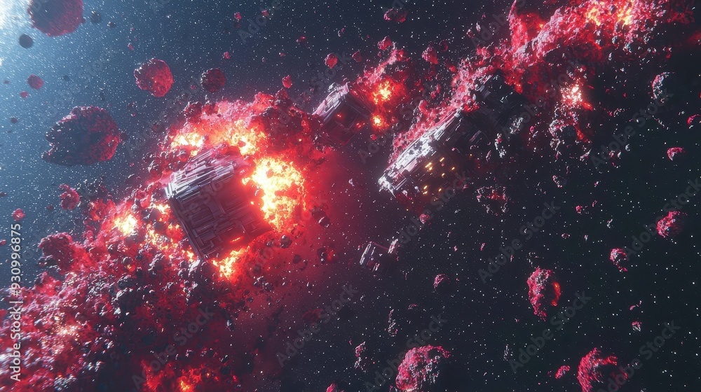 Poster spacecraft exploding in asteroid field