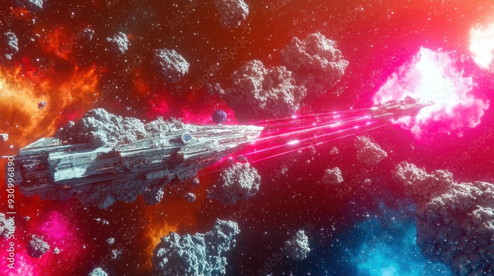 Poster spaceship flying through asteroid field in nebula
