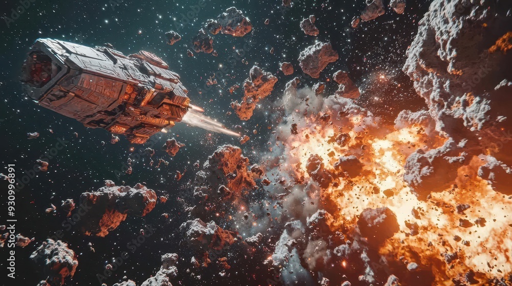 Poster spaceship escaping asteroid field explosion in space