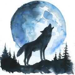 Watercolor painting of a fearsome wolf howling at the moon, its silhouette framed by the night sky, on isolated white background