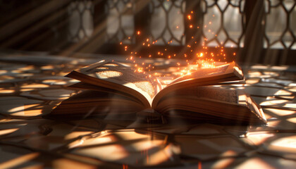 An open book of the Quran with glowing pages and light rays emanating from it, centered on a background with an Islamic geometric pattern.