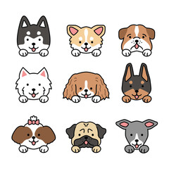 Icon set dogs puppies pet cute kawaii style illustration drawing head shot face collection dog breed - terrier, miniature schnauzer, poodle, husky, pug, spaniel, golden retriever, doberman