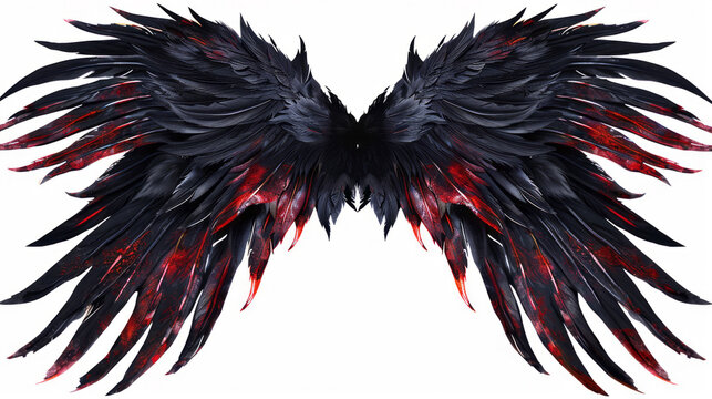 Black and red demon wings are isolated on a white backdrop, with each feather intricately detailed.