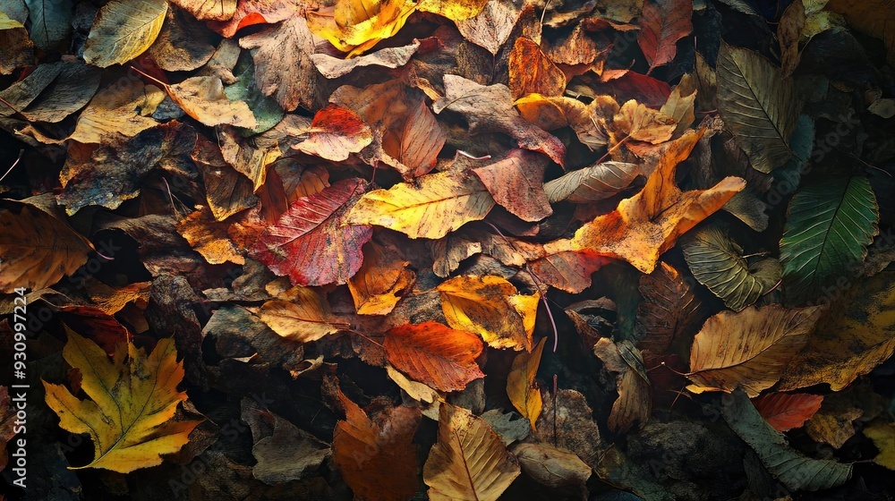 Poster a vibrant spread of autumn leaves in various colors, creating a beautiful natural tapestry on the fo
