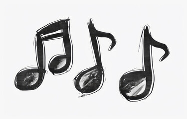 Three musical notes are drawn with charcoal on a white backdrop in a simple style.