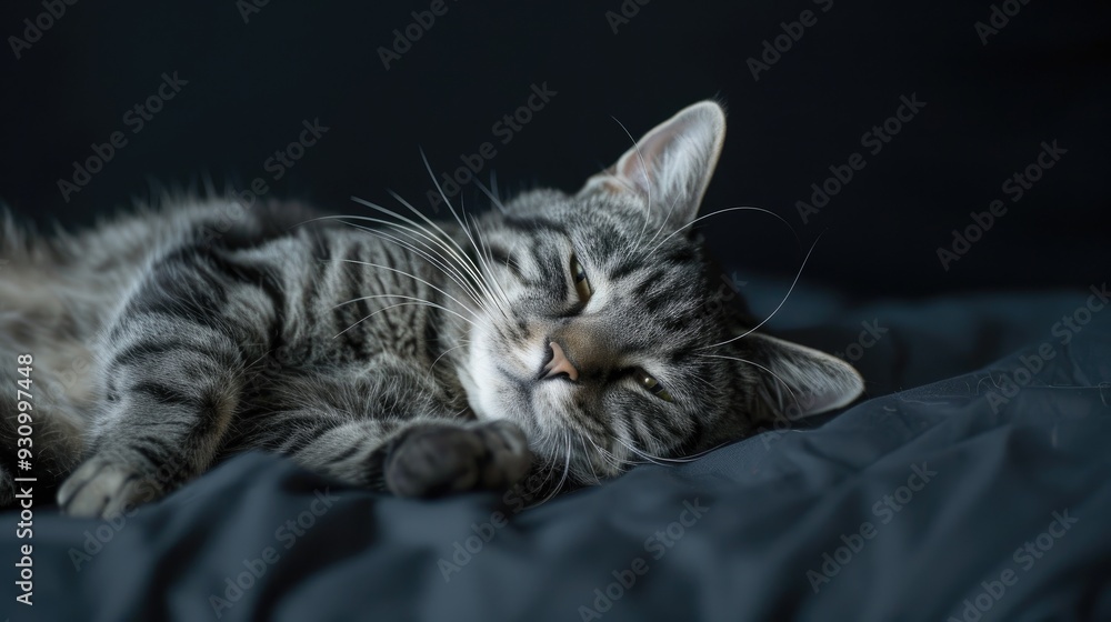 Poster a cat lounging on a dark background in a distinct pose