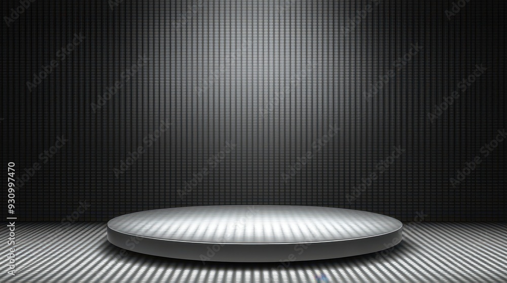 Poster empty product display stand on metal grid pattern background