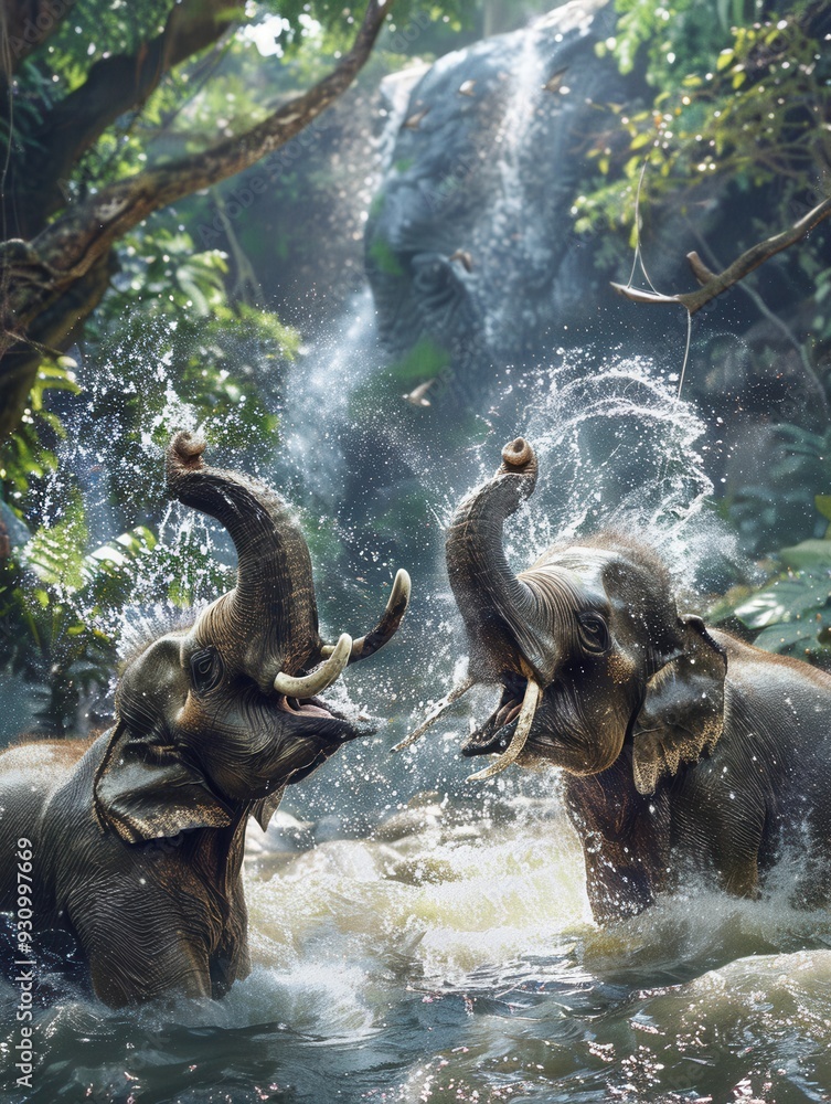 Poster two elephants splash water joyfully while playing in a jungle stream surrounded by greenery and a wa