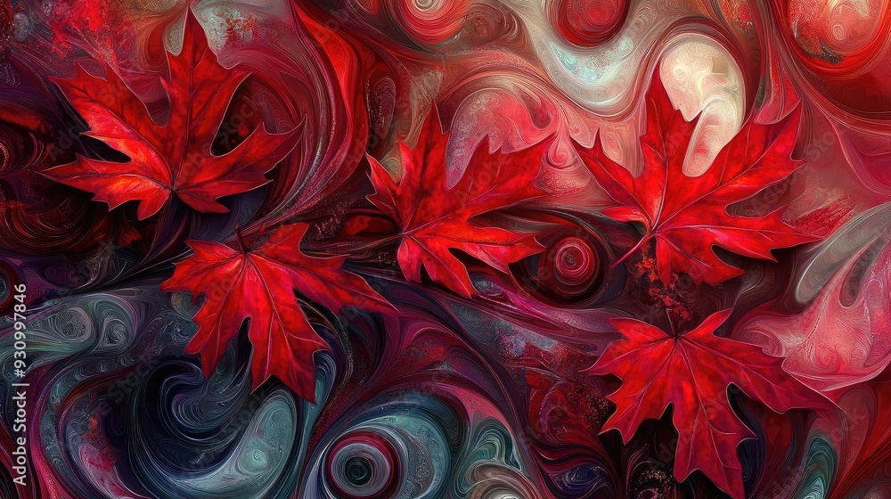 Aufkleber vibrant red leaves intertwined with colorful swirling patterns, creating an abstract autumn mood and