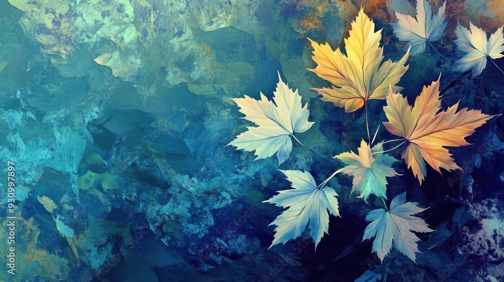 Poster vibrant autumn leaves floating on calm water, creating a serene and colorful atmosphere in nature.