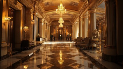 Fototapeta premium A grand, opulent hallway with marble floors, ornate columns, and a chandelier casting warm light.