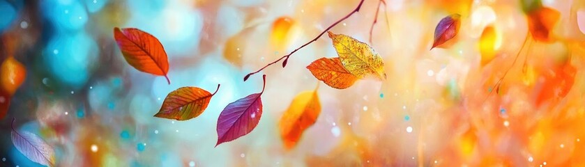 Colorful autumn leaves gently falling against a dreamy blurred background, capturing the essence of the changing seasons.