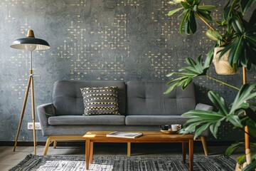 Mid-century modern design studio shot with couch, coffee table, floor lamp, decorative plant, and natural lighting, perfect for magazine-style photography.