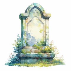Mossy Old Tombstone with Cross Carving in Watercolor