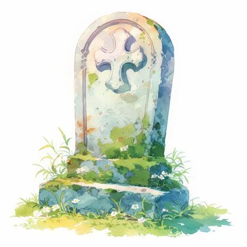 Watercolor Illustration Of A Single Cute Gravestone Clipart, With Moss And An Eerie Inscription Isolate On White Background