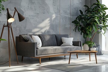 Mid-century modern studio shot featuring a couch, coffee table, floor lamp, and plant with clean background and natural lighting in magazine style.