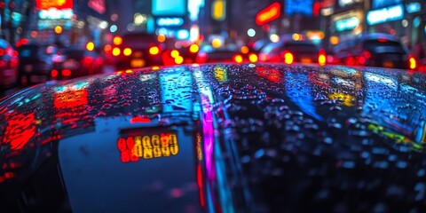 The reflection of a neon sign on the hood of a taxi, caught in a dense line of traffic during a busy night