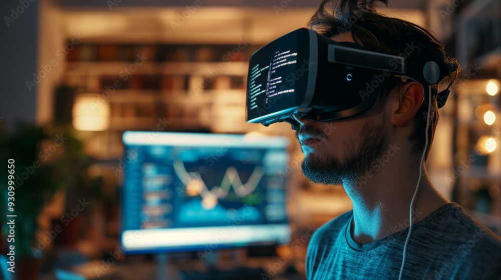 Poster a software engineer wearing vr headset using ai artificial intelligence technology working on softwa