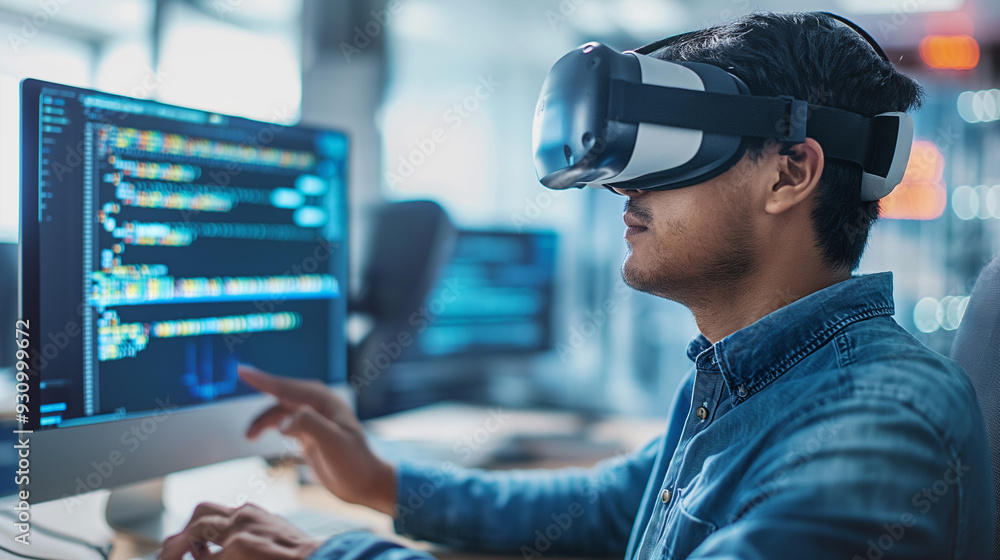 Poster a software engineer wearing vr headset using ai artificial intelligence technology working on softwa