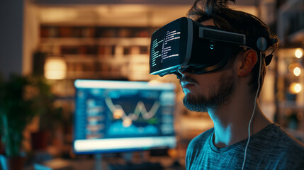 a software engineer wearing VR headset using AI artificial intelligence technology working on software development or cybersecurity 
