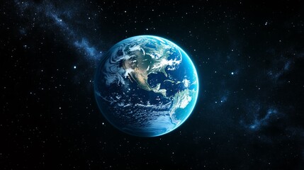 Fototapeta premium Planet Earth glows brightly in the deep darkness of space surrounded by stars and distant nebulae.