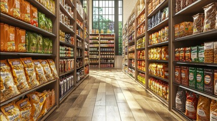Obraz premium Grocery Store Aisle with Snacks and Canned Goods on Shelves