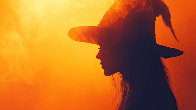Silhouette of a witch in a dramatic sunset, featuring a tall hat and ethereal smoke. Perfect for Halloween and fantasy themes.