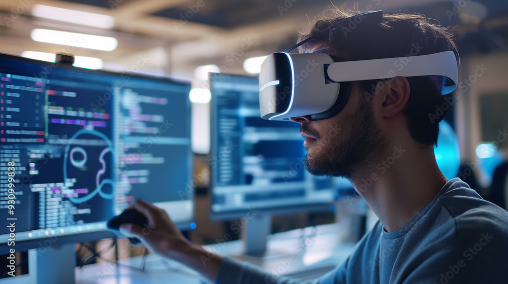 Poster a software engineer wearing vr headset using ai artificial intelligence technology working on softwa