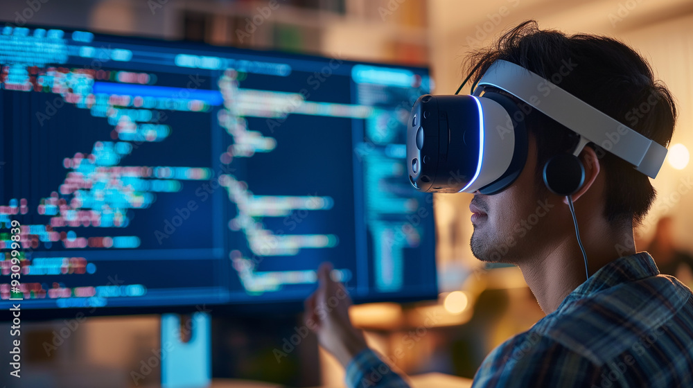 Poster a software engineer wearing vr headset using ai artificial intelligence technology working on softwa