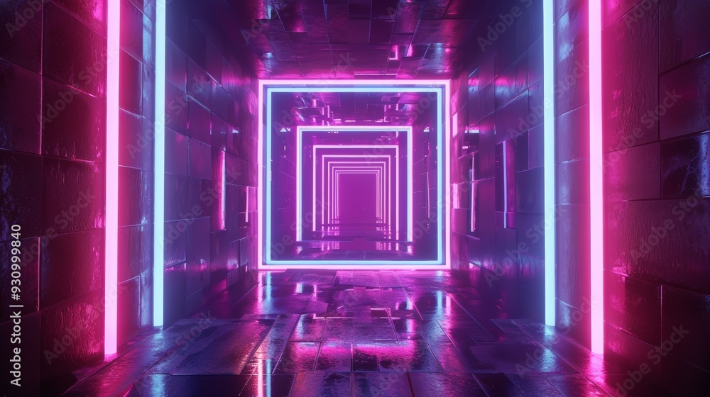 Poster abstract 3d neon tunnel with rotating square frames, looped animation, bright colors