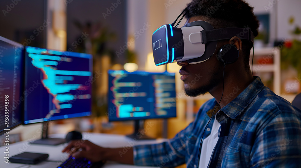Poster a software engineer wearing vr headset using ai artificial intelligence technology working on softwa