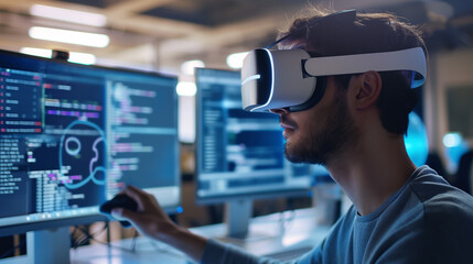 a software engineer wearing VR headset using AI artificial intelligence technology working on software development or cybersecurity 