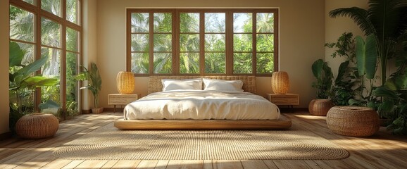 Boho Chic Bedroom With Rattan Accessories, Simple And Comfortable