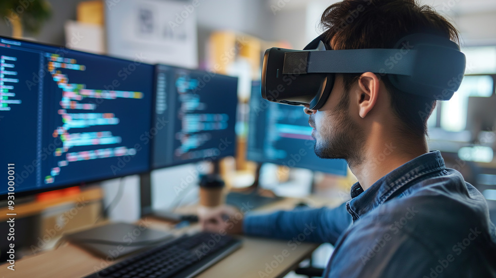 Poster a software engineer wearing vr headset using ai artificial intelligence technology working on softwa
