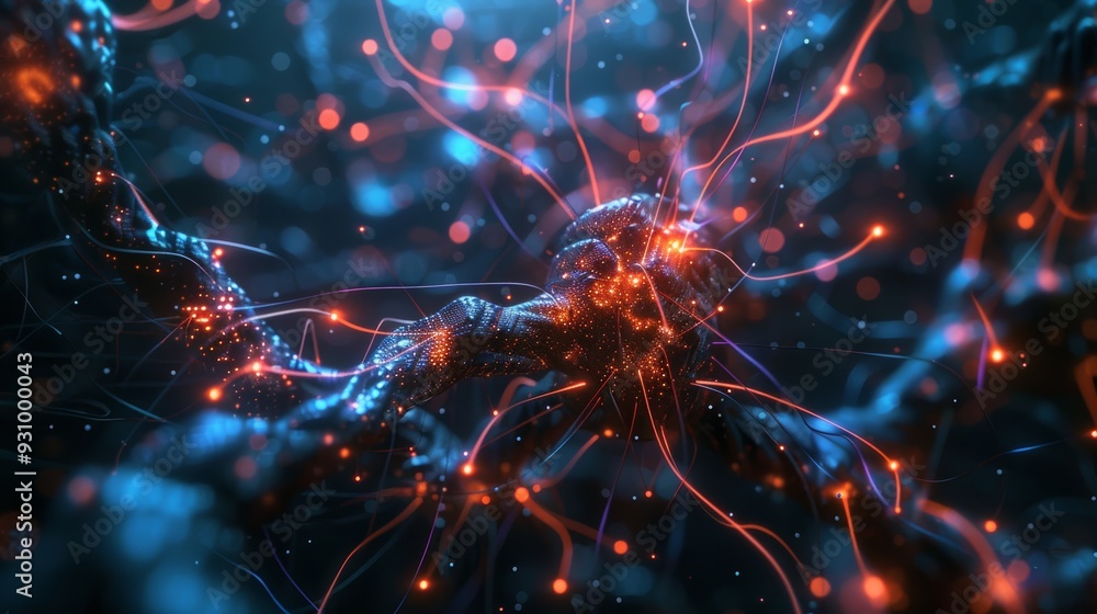 Poster Abstract 3D animation of glowing neural network with vibrant colors, floating nodes and connections