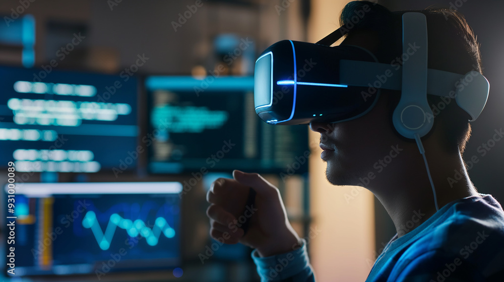 Poster a software engineer wearing vr headset using ai artificial intelligence technology working on softwa