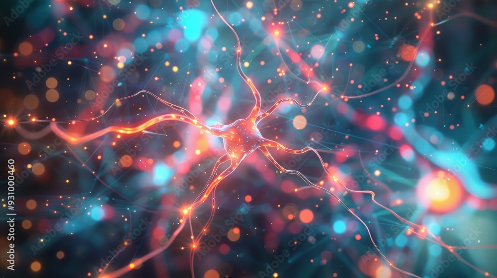 Aufkleber Abstract 3D rendering of neural network connections with vibrant lights