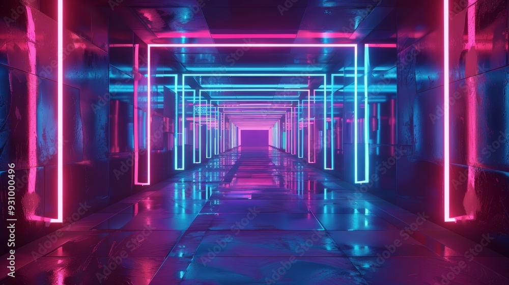 Poster abstract 3d neon tunnel with rotating square frames, looped animation, bright colors