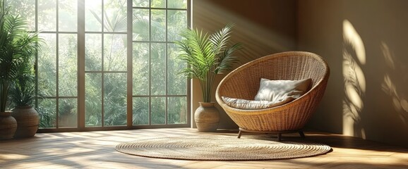 Boho-Style Living Room With Wicker Chair And Pampas, Chic And Cozy Design