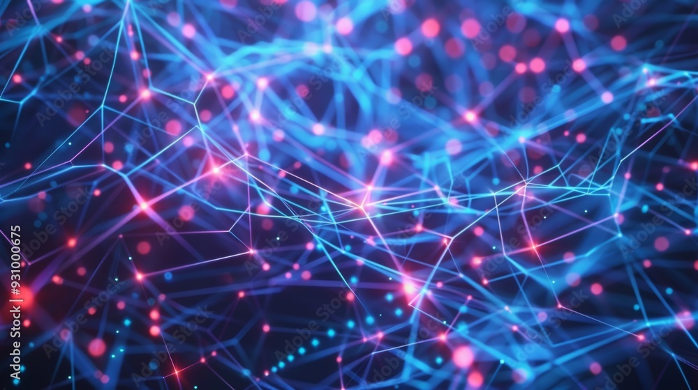 Aufkleber Abstract 3D animation of neural network with colorful lights and digital data