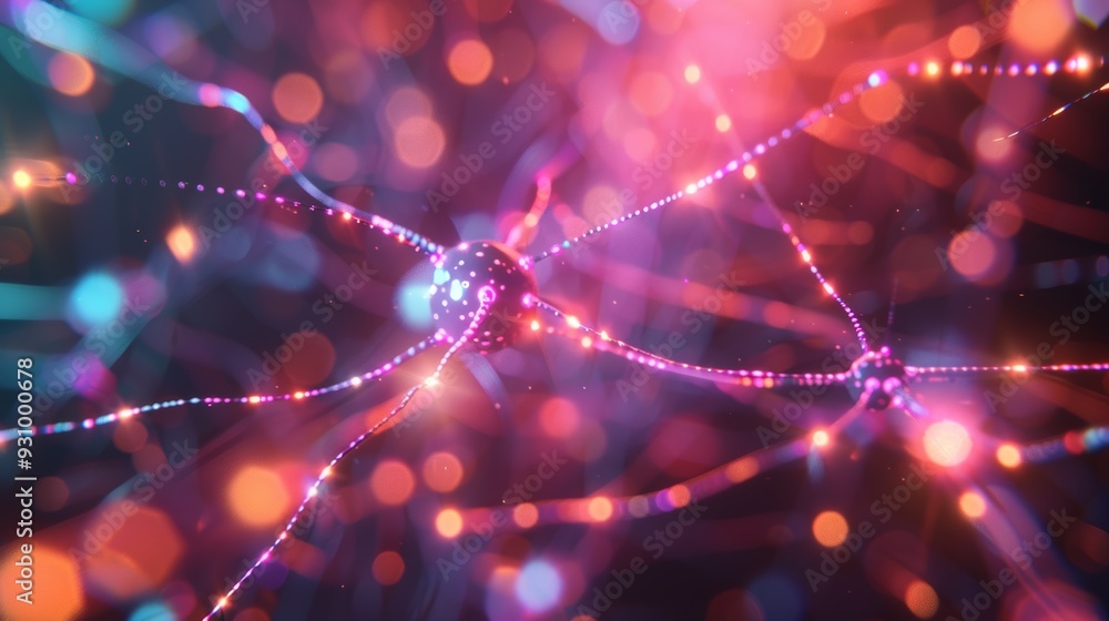 Poster Abstract 3D animation of neural network with colorful lights and digital data