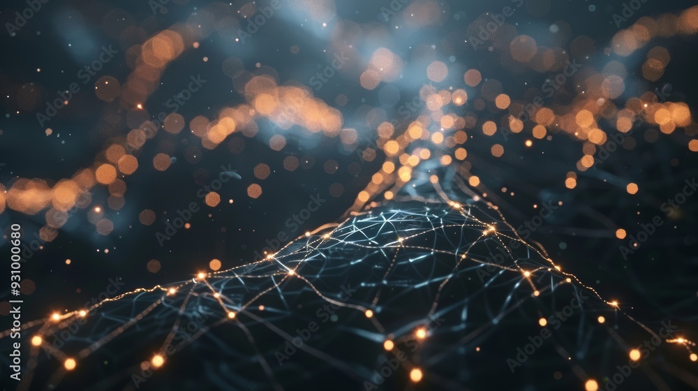 Poster Abstract AI neural network with dynamic connections and light particles, dark background